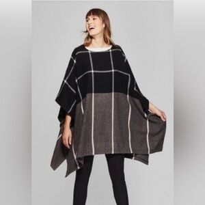 NWT A New Day Women's Black Gray Plaid Woven Poncho Sweater OSFM